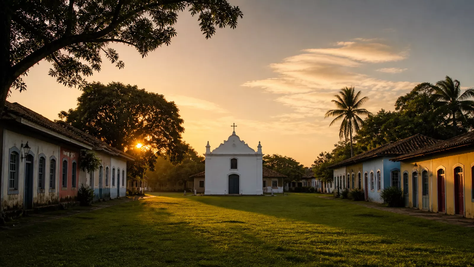 Quadrado de Trancoso ao amanhecer, com a igrejinha branca ao fundo